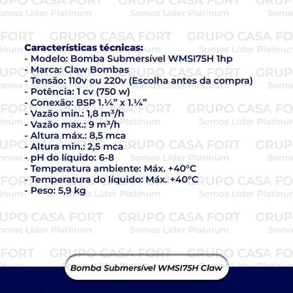 Imagem de Bomba Submersa Inox 1cv Wmsi75h Esgotamento Água Limpa Claw 110v