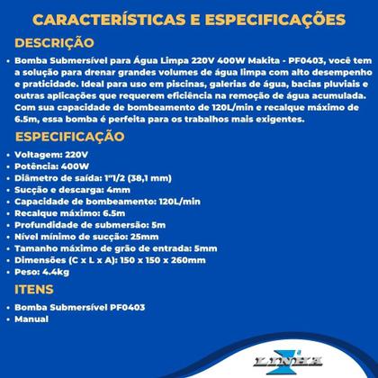 Imagem de Bomba Submersível para Água Limpa 220V 400W Makita - PF0403