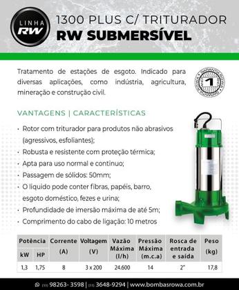 Imagem de Bomba Submersível Rowa Rw 1300 Plus Com Triturador até 50 MM