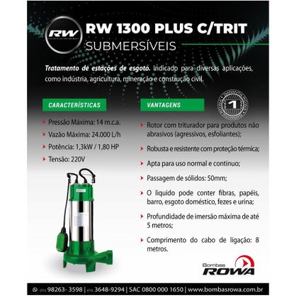 Imagem de Bomba Submersível Rowa Rw 1300 Plus Com Triturador até 50 MM