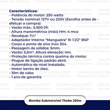 Imagem de Bomba Submersivel Thebe 250w para Esgoto com Boia Tsp-250n