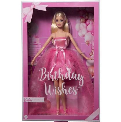 Imagem de Boneca Articulada Colecionável Barbie Signature Feliz Aniversário Loira Com Vestido Rosa - Coleção Birthday Wishes