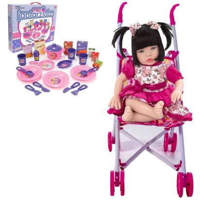 Imagem de Boneca Bebê Baby Real Reborn Realista +Carrinho e Kit Jantar