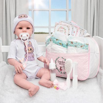 Imagem de Boneca Bebê Reborn 46cm Com Roupa Estampada e Kit Completo