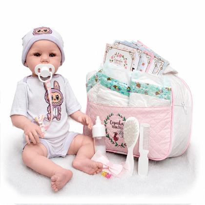 Imagem de Boneca Bebê Reborn 46cm Com Roupa Estampada e Kit Completo