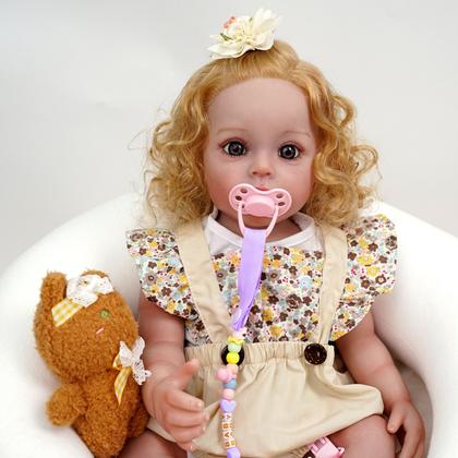 Imagem de Boneca Bebê Reborn Brastoy Menina Loira Realista Silicone 48cm Conjunto de Roupa Chupeta Mamadeira e Pelúcia Pode Dar Banho Roupa