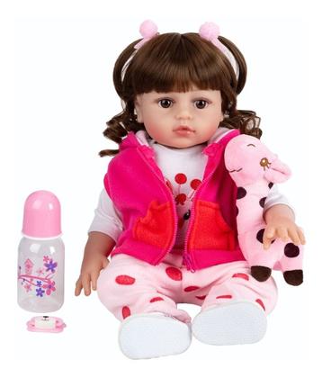 Imagem de Boneca Bebê Reborn Brastoy Realista Girafinha Menina de Silicone 48cm Conjunto de Roupa Chupeta Mamadeira e Pelúcia