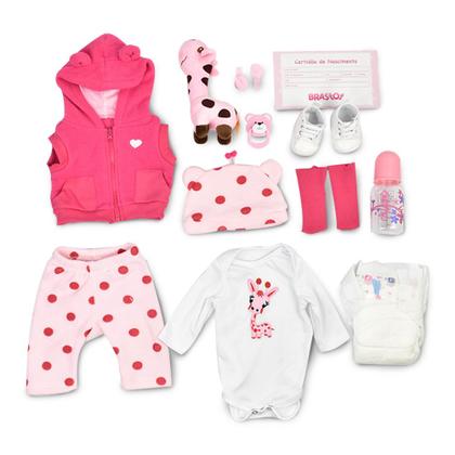 Imagem de Boneca Bebê Reborn Brastoy Realista Girafinha Menina de Silicone 48cm Conjunto de Roupa Chupeta Mamadeira e Pelúcia