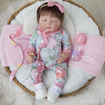 Imagem de Boneca Bebê Reborn Brastoy Realista Silicone 48cm Conjunto de Roupa Chupeta Mamadeira e Pelúcia Pode Dar Banho Roupa