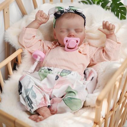 Imagem de Boneca Bebê Reborn Corpo de Tecido Realista 46cm Original Kit Acessórios Conjunto Roupa Mamadeira Chupeta