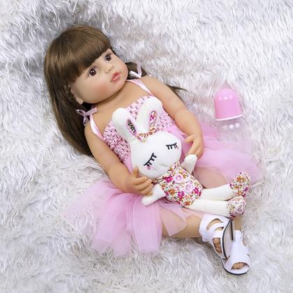 Imagem de Boneca Bebê Reborn Gatinha Realista 48cm Silicone Conjunto de Roupa Chupeta Mamadeira e Pelúcia