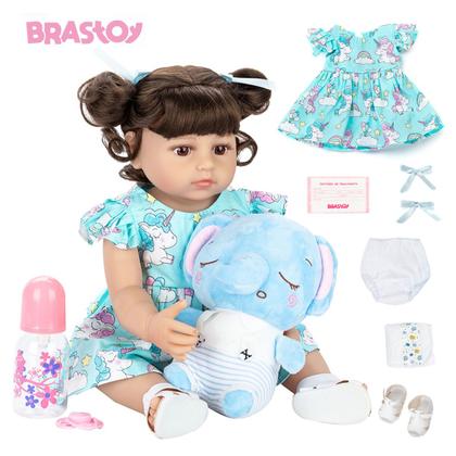 Imagem de Boneca Bebê Reborn Menina Elefantinho Realista Brastoy 100% Silicone Pode Dar Banho Conjunto de Roupa Chupeta Mamadeira e Pelúcia