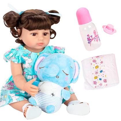Imagem de Boneca Bebê Reborn Menina Elefantinho Realista Brastoy 100% Silicone Pode Dar Banho Conjunto de Roupa Chupeta Mamadeira e Pelúcia
