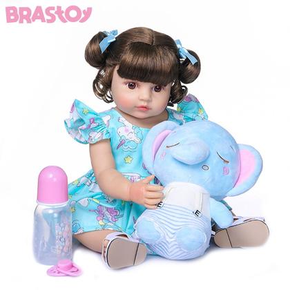 Imagem de Boneca Bebê Reborn Menina Elefantinho Realista Brastoy 100% Silicone Pode Dar Banho Conjunto de Roupa Chupeta Mamadeira e Pelúcia