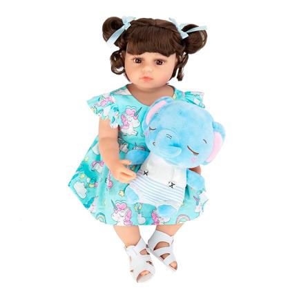 Imagem de Boneca Bebê Reborn Menina Elefantinho Realista Brastoy 100% Silicone Pode Dar Banho Conjunto de Roupa Chupeta Mamadeira e Pelúcia