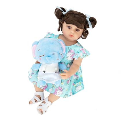 Imagem de Boneca Bebê Reborn Menina Elefantinho Realista Brastoy 100% Silicone Pode Dar Banho Conjunto de Roupa Chupeta Mamadeira e Pelúcia