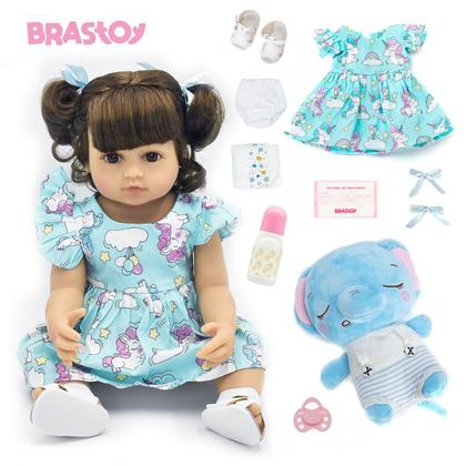 Imagem de Boneca Bebê Reborn Menina Elefantinho Realista Brastoy 100% Silicone Pode Dar Banho Conjunto de Roupa Chupeta Mamadeira e Pelúcia