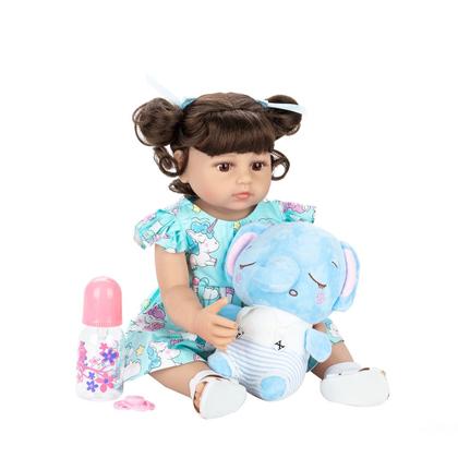 Imagem de Boneca Bebê Reborn Menina Elefantinho Realista Brastoy 100% Silicone Pode Dar Banho Conjunto de Roupa Chupeta Mamadeira e Pelúcia