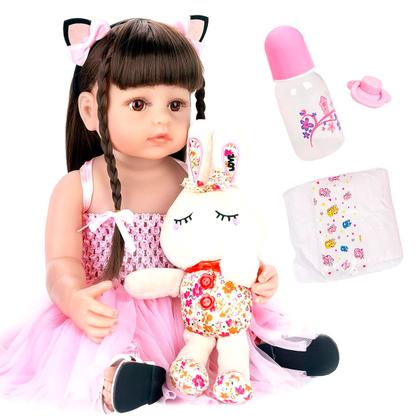 Imagem de Boneca Bebê Reborn Menina Gatinha Realista Brastoy 100% Silicone Pode Dar Banho Conjunto de Roupa Chupeta Mamadeira e Pelúcia