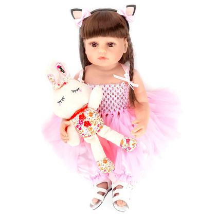 Imagem de Boneca Bebê Reborn Menina Gatinha Realista Brastoy 100% Silicone Pode Dar Banho Conjunto de Roupa Chupeta Mamadeira e Pelúcia