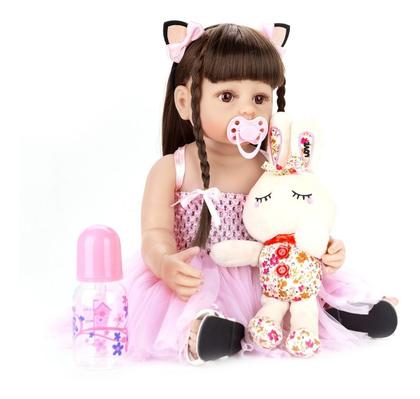 Imagem de Boneca Bebê Reborn Menina Gatinha Realista Brastoy 100% Silicone Pode Dar Banho Conjunto de Roupa Chupeta Mamadeira e Pelúcia