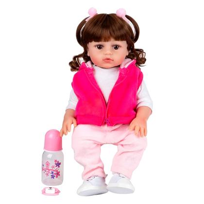 Imagem de Boneca Bebê Reborn Menina Girafinha Realista Brastoy 100% Silicone Pode Dar Banho Conjunto de Roupa Chupeta Mamadeira e Pelúcia