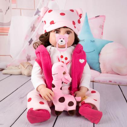 Imagem de Boneca Bebê Reborn Menina Girafinha Realista Brastoy 100% Silicone Pode Dar Banho Conjunto de Roupa Chupeta Mamadeira e Pelúcia