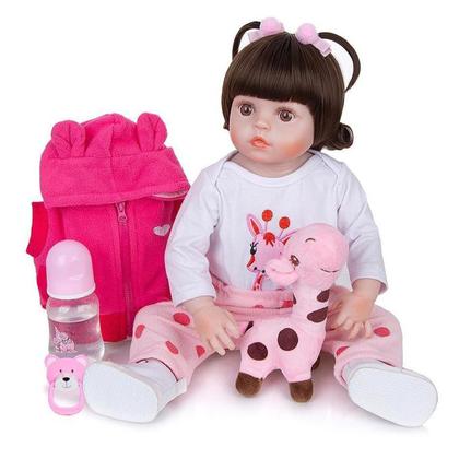 Imagem de Boneca Bebê Reborn Menina Girafinha Realista Brastoy 100% Silicone Pode Dar Banho Conjunto de Roupa Chupeta Mamadeira e Pelúcia