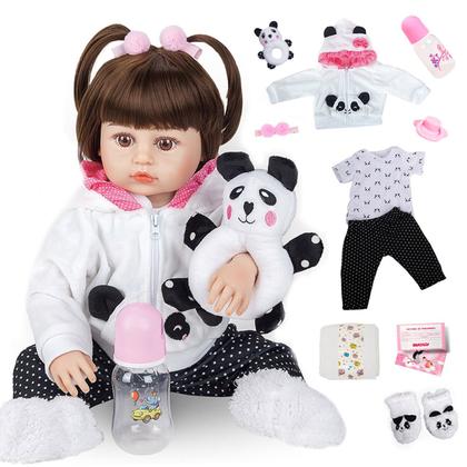 Imagem de Boneca Bebê Reborn Menina Pandinha Realista Brastoy 100% Silicone Pode Dar Banho Conjunto de Roupa Chupeta Mamadeira e Pelúcia