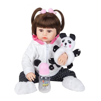 Imagem de Boneca Bebê Reborn Menina Pandinha Realista Brastoy 100% Silicone Pode Dar Banho Conjunto de Roupa Chupeta Mamadeira e Pelúcia