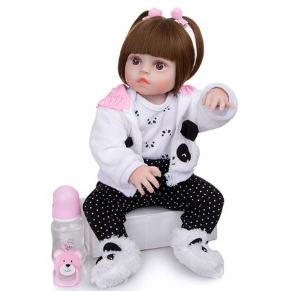 Imagem de Boneca Bebê Reborn Menina Pandinha Realista Brastoy 100% Silicone Pode Dar Banho Conjunto de Roupa Chupeta Mamadeira e Pelúcia
