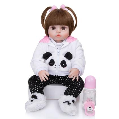 Imagem de Boneca Bebê Reborn Menina Pandinha Realista Brastoy 100% Silicone Pode Dar Banho Conjunto de Roupa Chupeta Mamadeira e Pelúcia