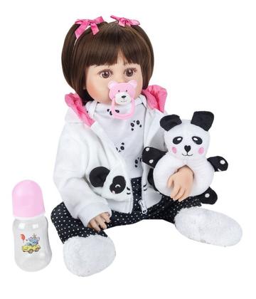 Imagem de Boneca Bebê Reborn Menina Pandinha Realista Brastoy 100% Silicone Pode Dar Banho Conjunto de Roupa Chupeta Mamadeira e Pelúcia
