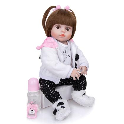 Imagem de Boneca Bebê Reborn Menina Pandinha Realista Brastoy 100% Silicone Pode Dar Banho Conjunto de Roupa Chupeta Mamadeira e Pelúcia