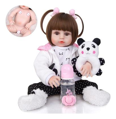 Imagem de Boneca Bebê Reborn Menina Pandinha Realista Brastoy 100% Silicone Pode Dar Banho Conjunto de Roupa Chupeta Mamadeira e Pelúcia