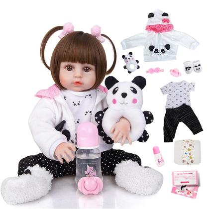 Imagem de Boneca Bebê Reborn Menina Pandinha Realista Brastoy 100% Silicone Pode Dar Banho Conjunto de Roupa Chupeta Mamadeira e Pelúcia