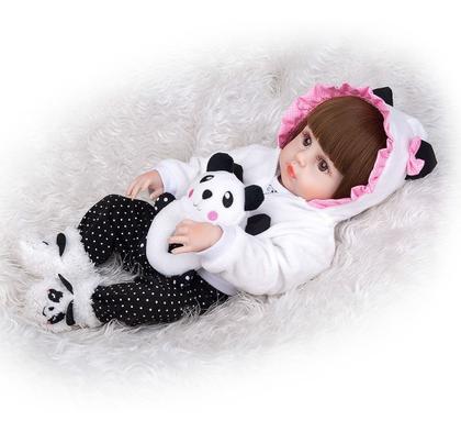 Imagem de Boneca Bebê Reborn Menina Pandinha Realista Brastoy 100% Silicone Pode Dar Banho Conjunto de Roupa Chupeta Mamadeira e Pelúcia