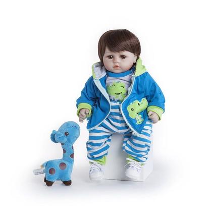 Imagem de Boneca Bebê Reborn Menino Girafinha Realista Brastoy 100% Silicone Pode Dar Banho Conjunto de Roupa Chupeta Mamadeira e Pelúcia