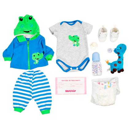 Imagem de Boneca Bebê Reborn Menino Girafinha Realista Brastoy 100% Silicone Pode Dar Banho Conjunto de Roupa Chupeta Mamadeira e Pelúcia