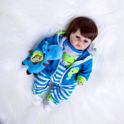 Imagem de Boneca Bebê Reborn Menino Girafinha Realista Brastoy 100% Silicone Pode Dar Banho Conjunto de Roupa Chupeta Mamadeira e Pelúcia