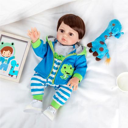 Imagem de Boneca Bebê Reborn Menino Girafinha Realista Brastoy 100% Silicone Pode Dar Banho Conjunto de Roupa Chupeta Mamadeira e Pelúcia