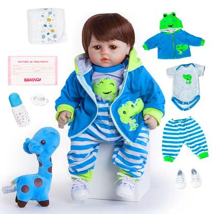 Imagem de Boneca Bebê Reborn Menino Girafinha Realista Brastoy 100% Silicone Pode Dar Banho Conjunto de Roupa Chupeta Mamadeira e Pelúcia