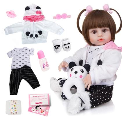 Imagem de Boneca Bebê Reborn Panda Realista Brastoy Silicone Conjunto de Roupa Chupeta Mamadeira e Pelúcia