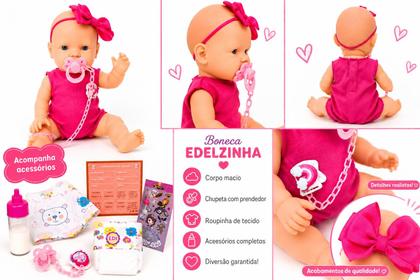 Imagem de Boneca bebê reborn pequena Acessórios mamadeira magica Bebezinho Brinquedo menina Fralda Chupeta rosa Naninha Edelzinha vinil ED1 Brinquedos