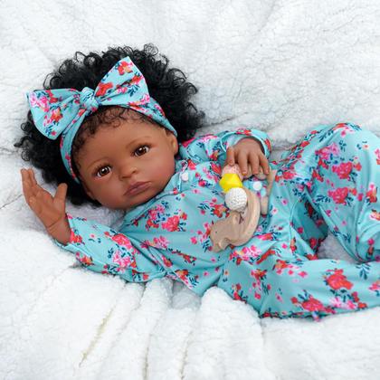 Imagem de Boneca Bebê Reborn Realista Negra 55cm Silicone Conjunto de Roupa Chupeta Mamadeira e Pelúcia Original Completo