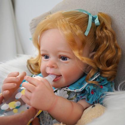 Imagem de Boneca Bebê Reborn Silicone Realista Loira 55cm Sorriso Original Kit Acessórios Conjunto de Roupa Mamadeira Chupeta Pelúcia Fralda