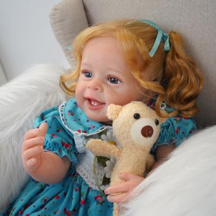 Imagem de Boneca Bebê Reborn Silicone Realista Loira 55cm Sorriso Original Kit Acessórios Conjunto de Roupa Mamadeira Chupeta Pelúcia Fralda