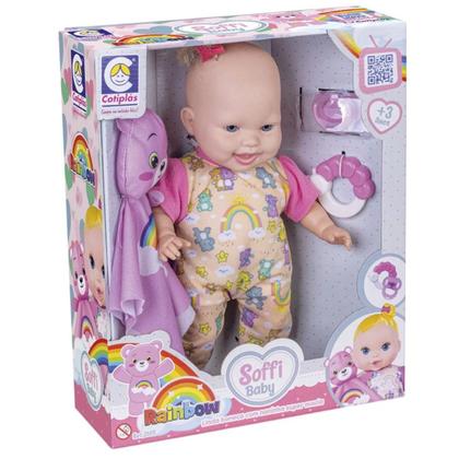 Imagem de Boneca Infantil Soffi Baby Rainbow Naninha Ursinho e Mordedor
