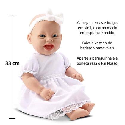 Imagem de Boneca Mia Oração com Som que Reza o Pai Nosso Bambola Na Caixa Roupa Batizado