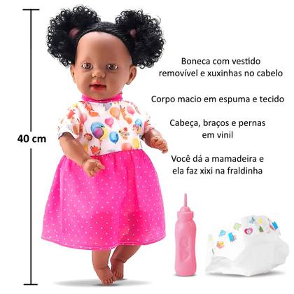 Imagem de Boneca Preta que Faz Xixi Bebê Reborn Negra Afro com Mamadeira Fralda Bambola